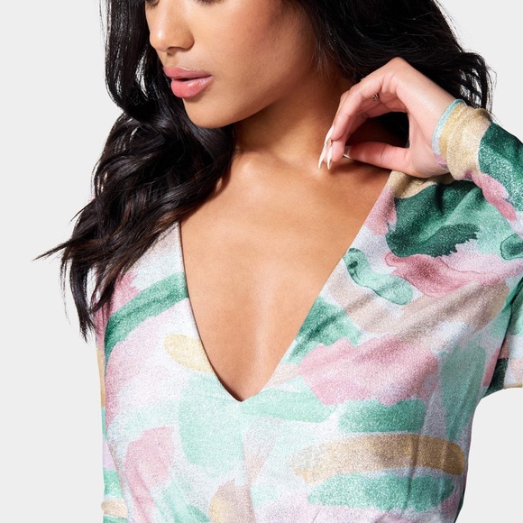 Bebe PRINTED BLOUSON LUREX MINI DRESS brush print color - Picture 3 of 10